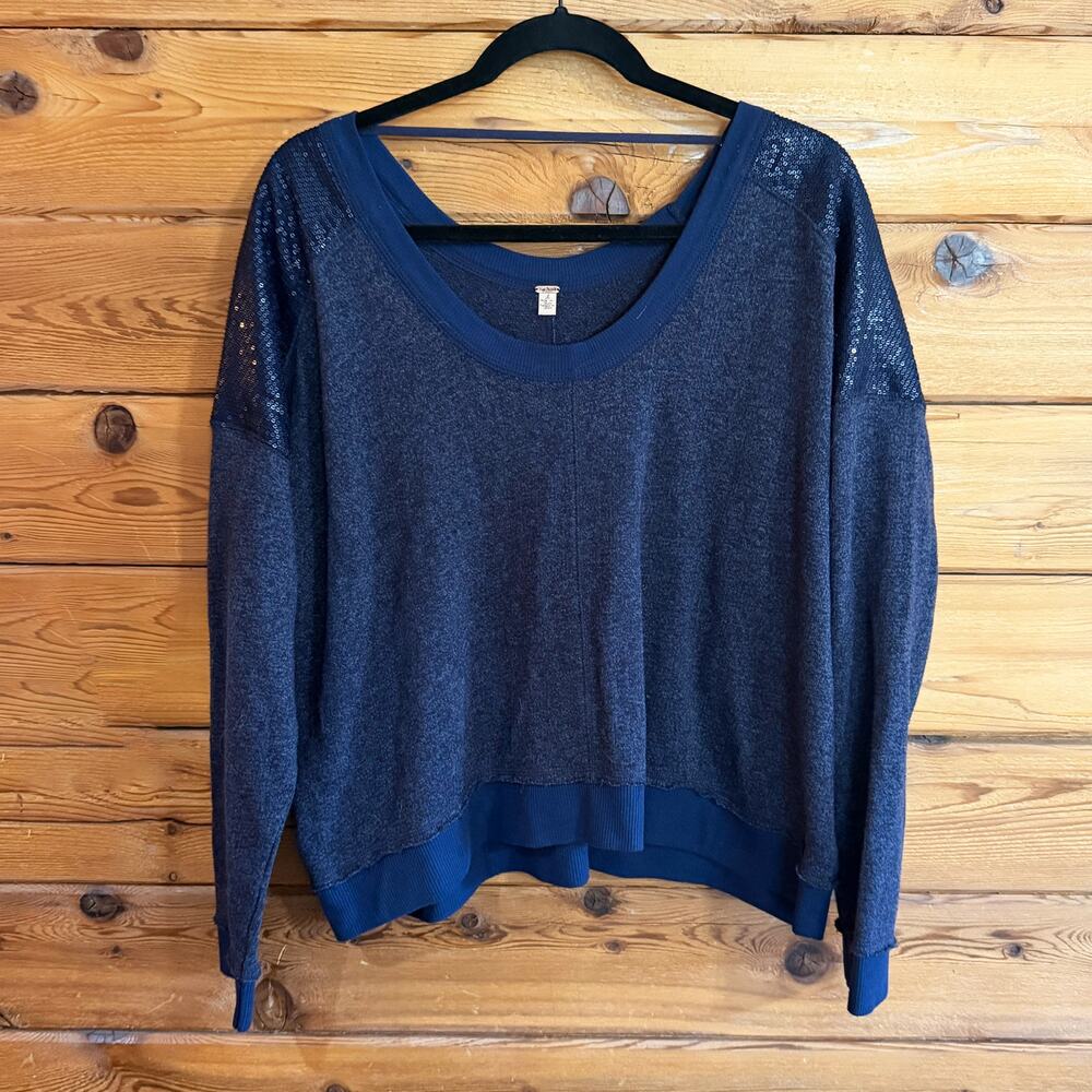 Free People Blue Sequin Shoulder Sweater Large